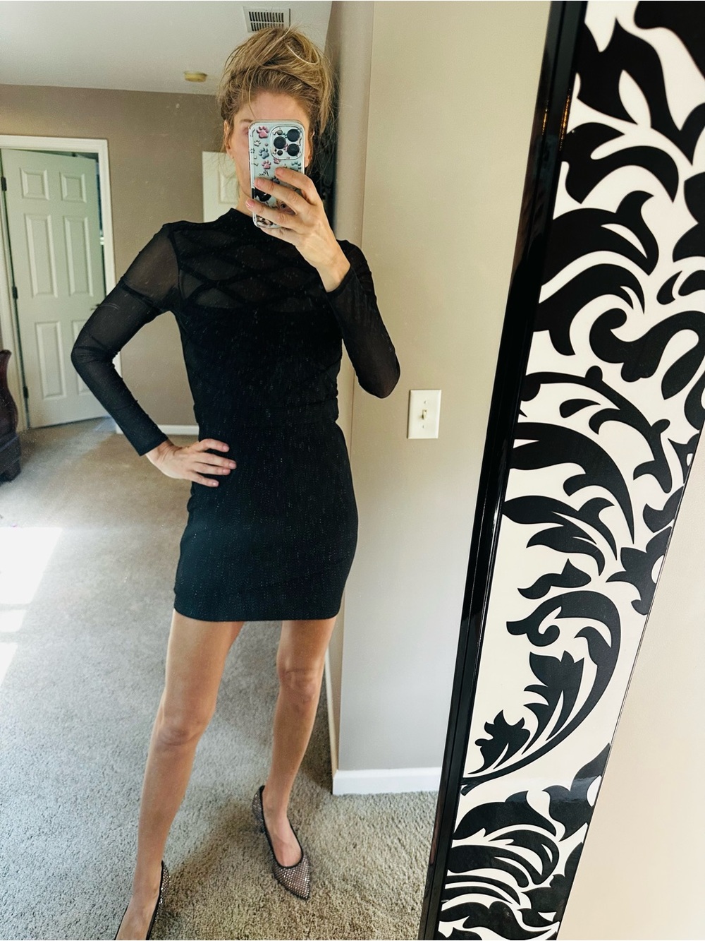 Guess Black Sheer-Panel Long Sleeve Mini Dress